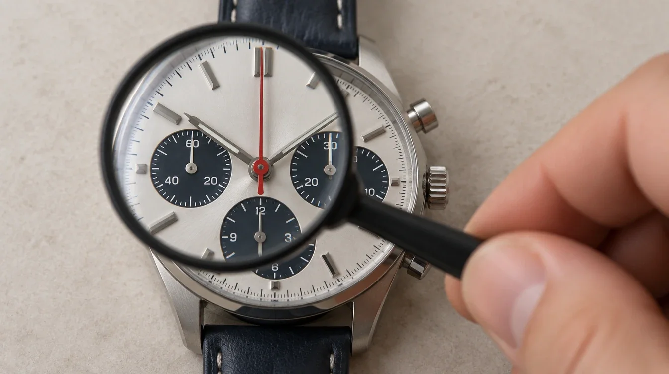 Owner viewing a chronograph’s central hands and small seconds subdial through a magnifier.