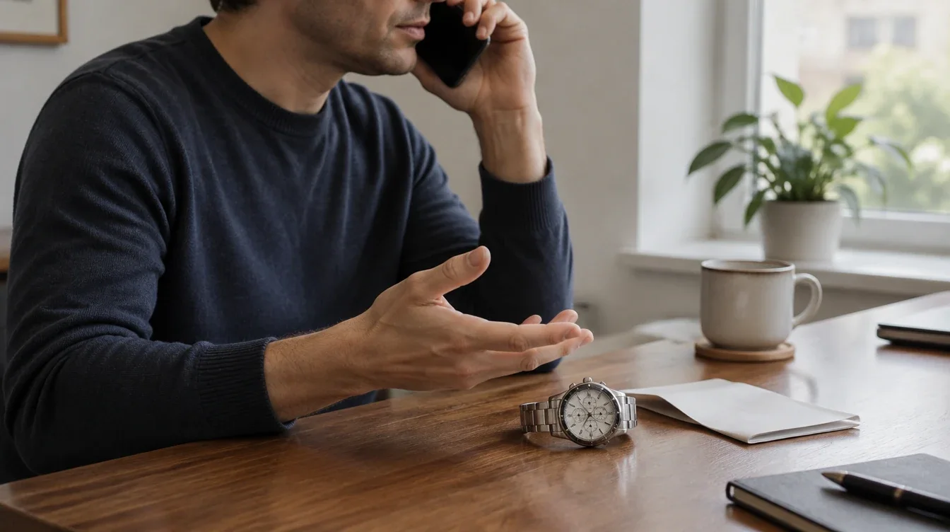 Owner calling a service shop with a chronograph and folded receipt beside them.