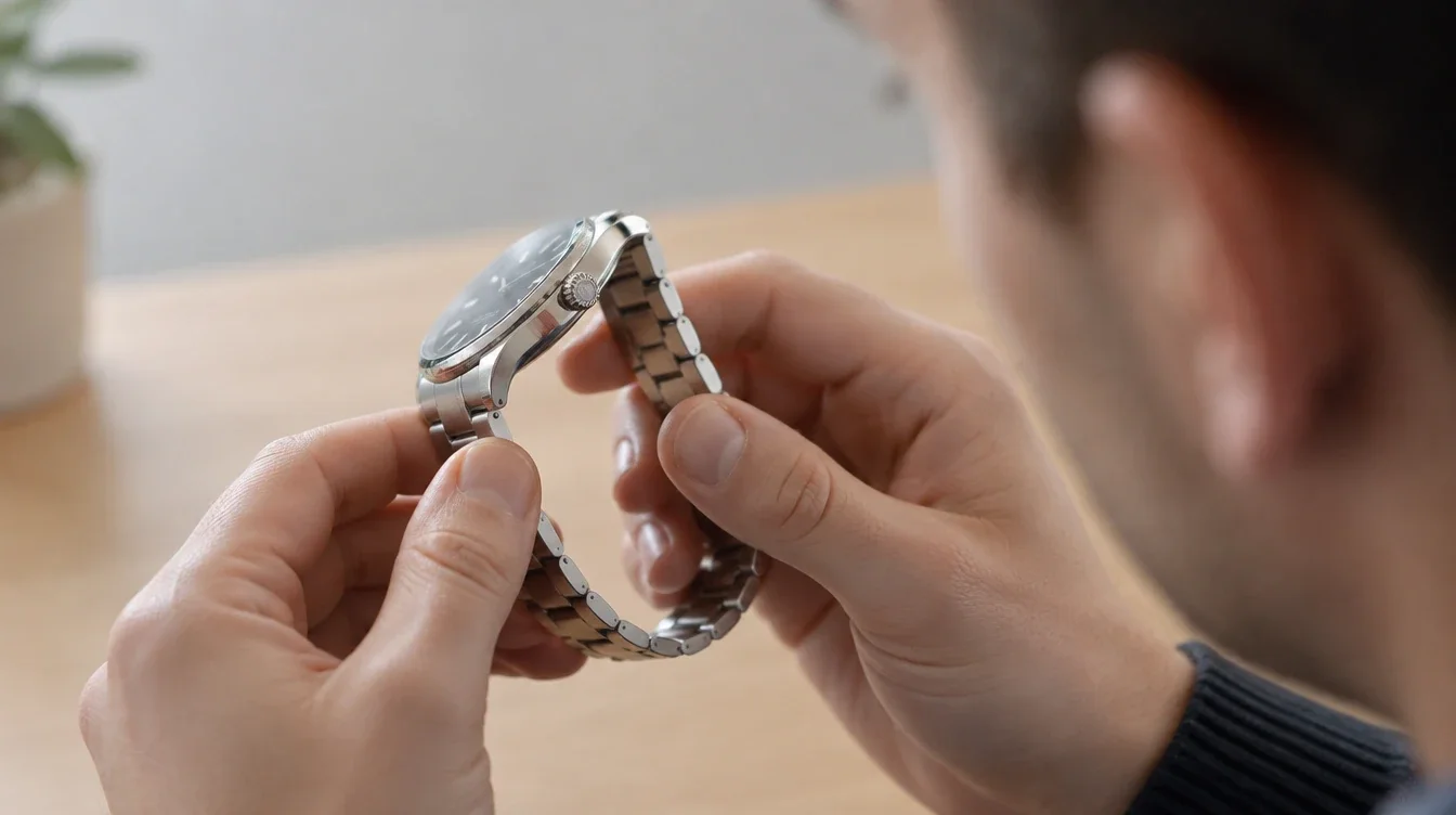 Owner checking watch crown alignment while supporting the case and strap without touching the crown
