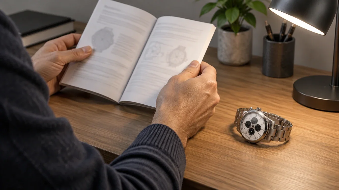 Owner reading a watch booklet beside a closed chronograph with its controls untouched.