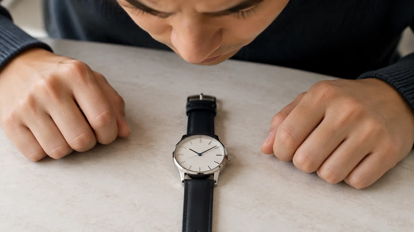 Owner looking straight down at a closed quartz watch lying flat on a table.