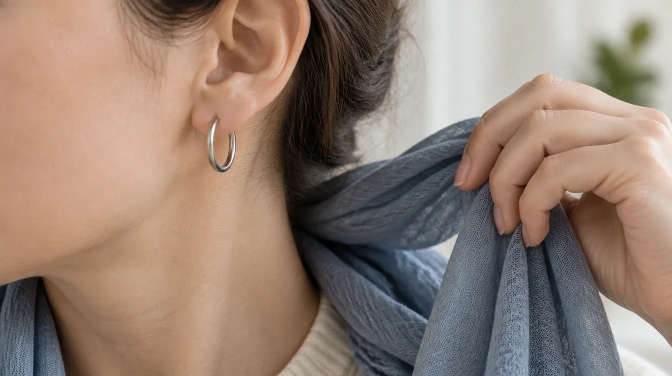 A wearer keeps a scarf clear of a hoop earring in a healed lobe.