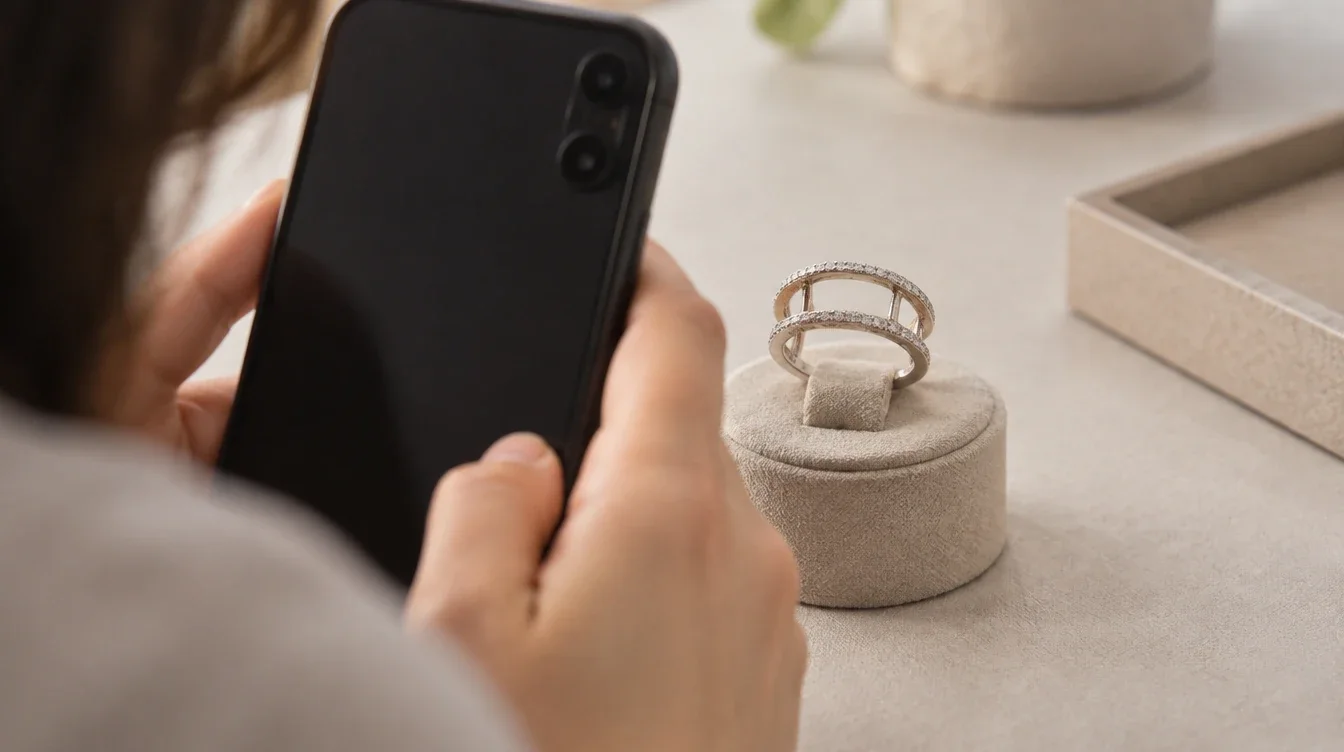 Seller photographs the underside and connecting bridges of a ring enhancer for a remote buyer