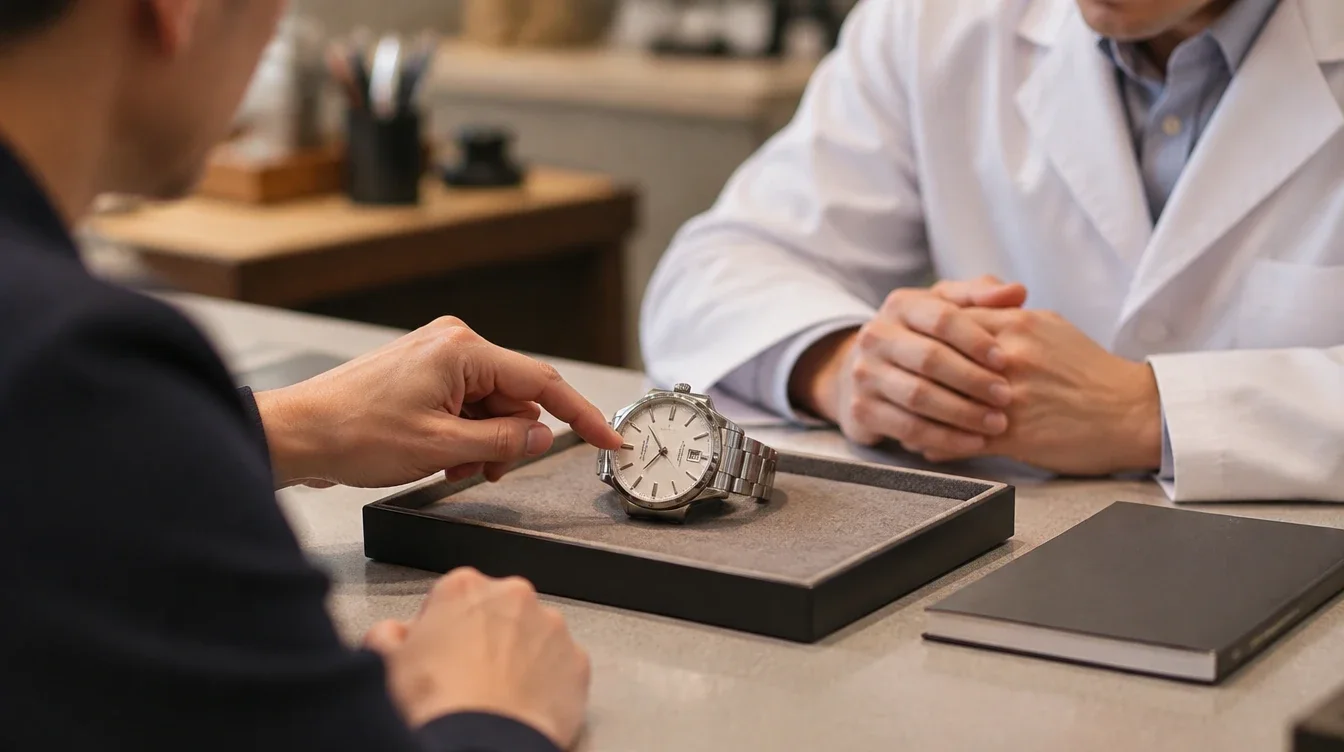 Owner discusses a date watch with a watchmaker across a service counter.