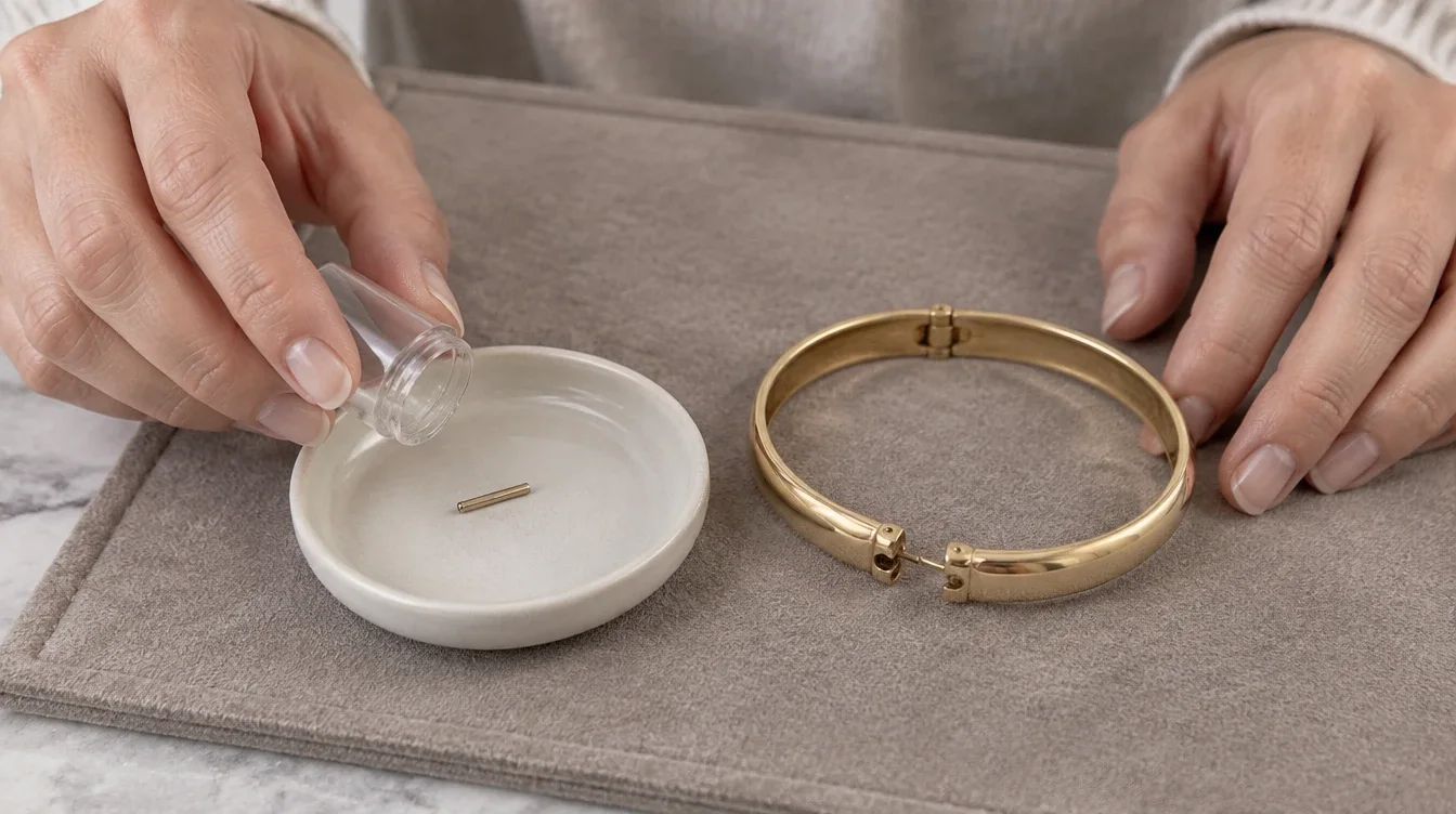 Hands placing a recovered bangle hinge pin in a small dish beside the damaged bracelet