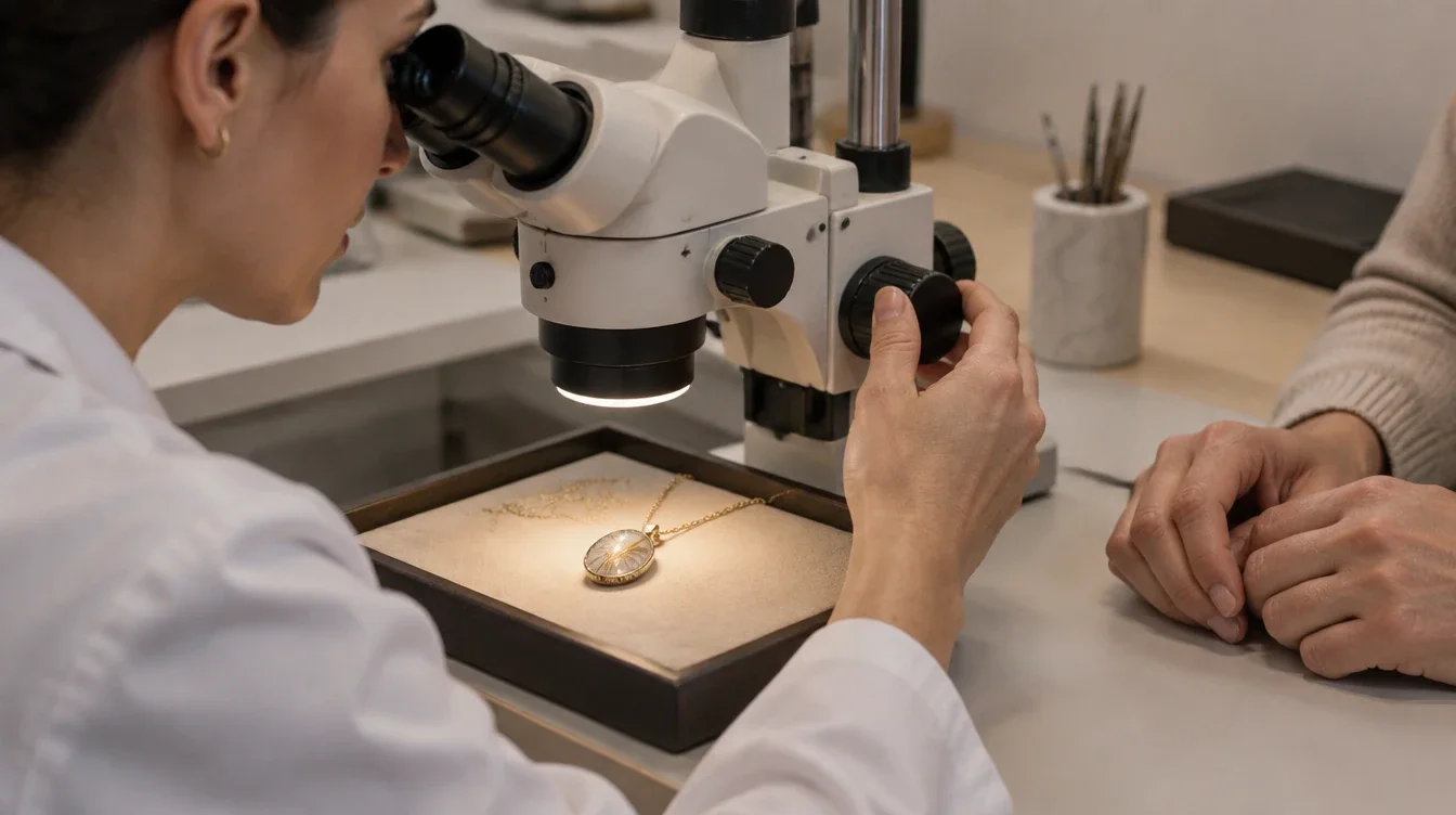 Jeweler examining a mounted rutilated quartz pendant under a microscope during a consultation