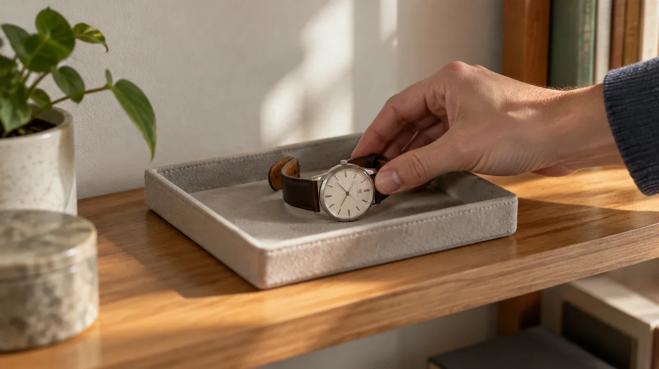 Hand placing a mechanical watch in a fabric lined tray on a shelf without electronics