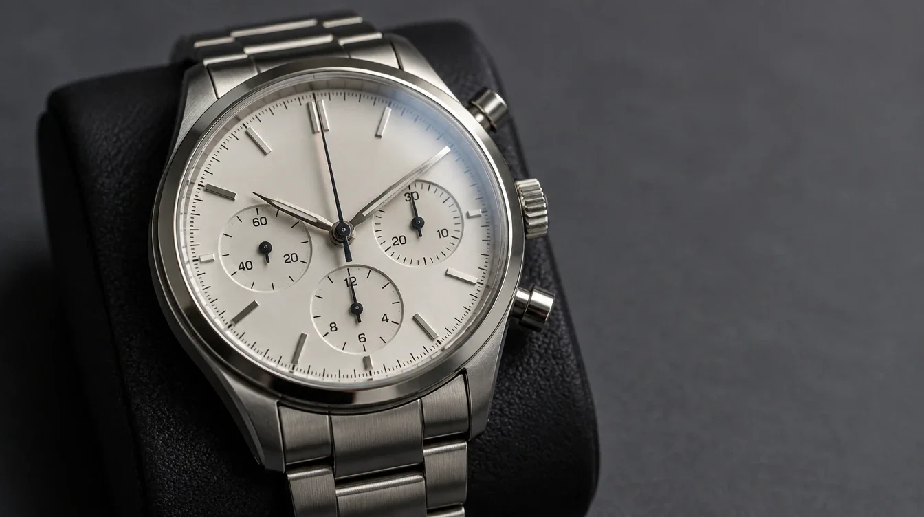 Steel chronograph resting on a cushion with its central stopwatch hand slightly off zero.