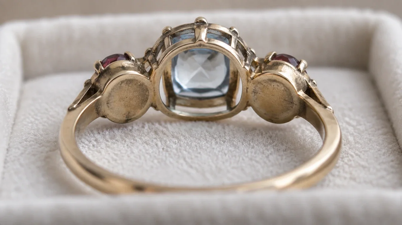 Underside of one ring with an open center setting and closed cups beneath two smaller stones
