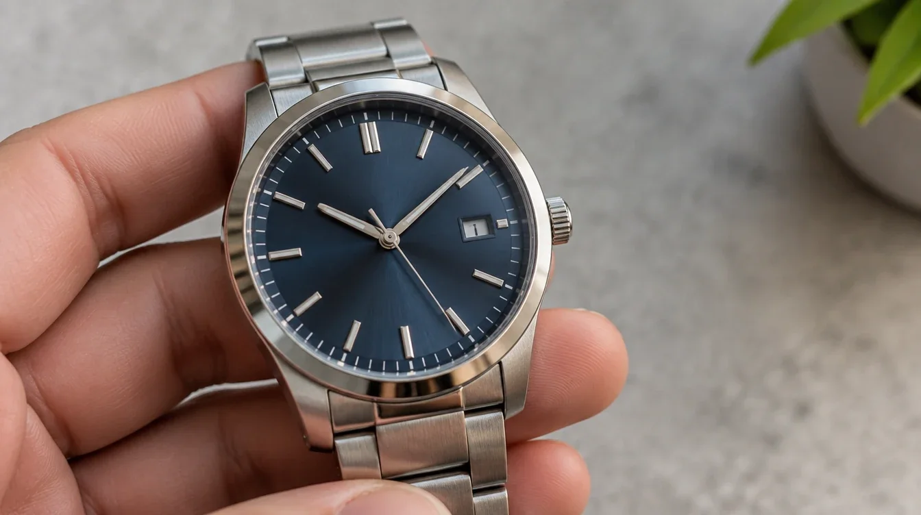 Owner holding an analog watch with its second hand and dial markers in focus