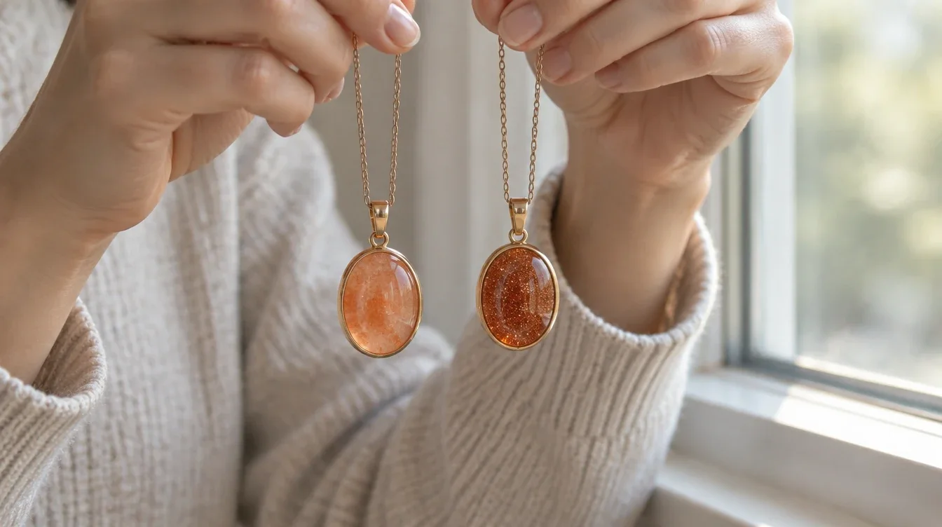 Hands hold two orange pendants at equal height in the same window light, letting both hang freely.