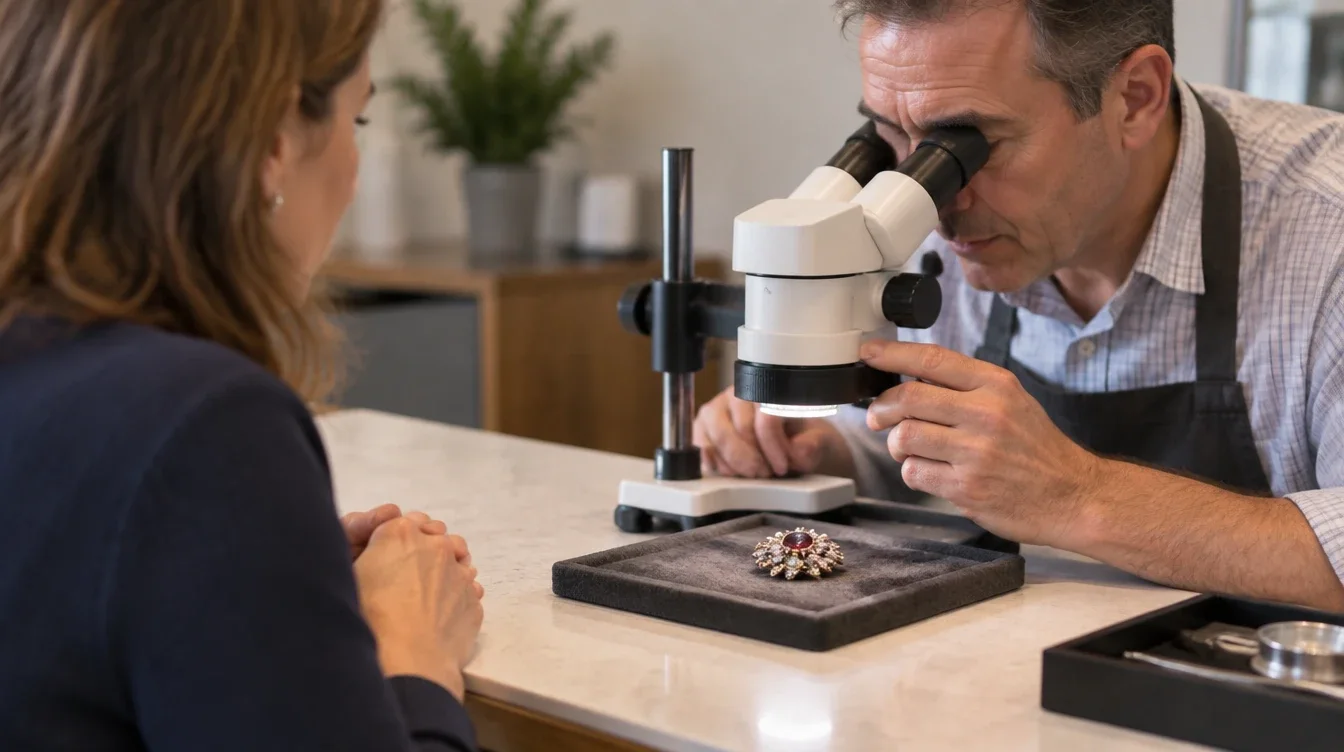 A jeweler examines a mounted gemstone brooch under a bench microscope while its owner watches