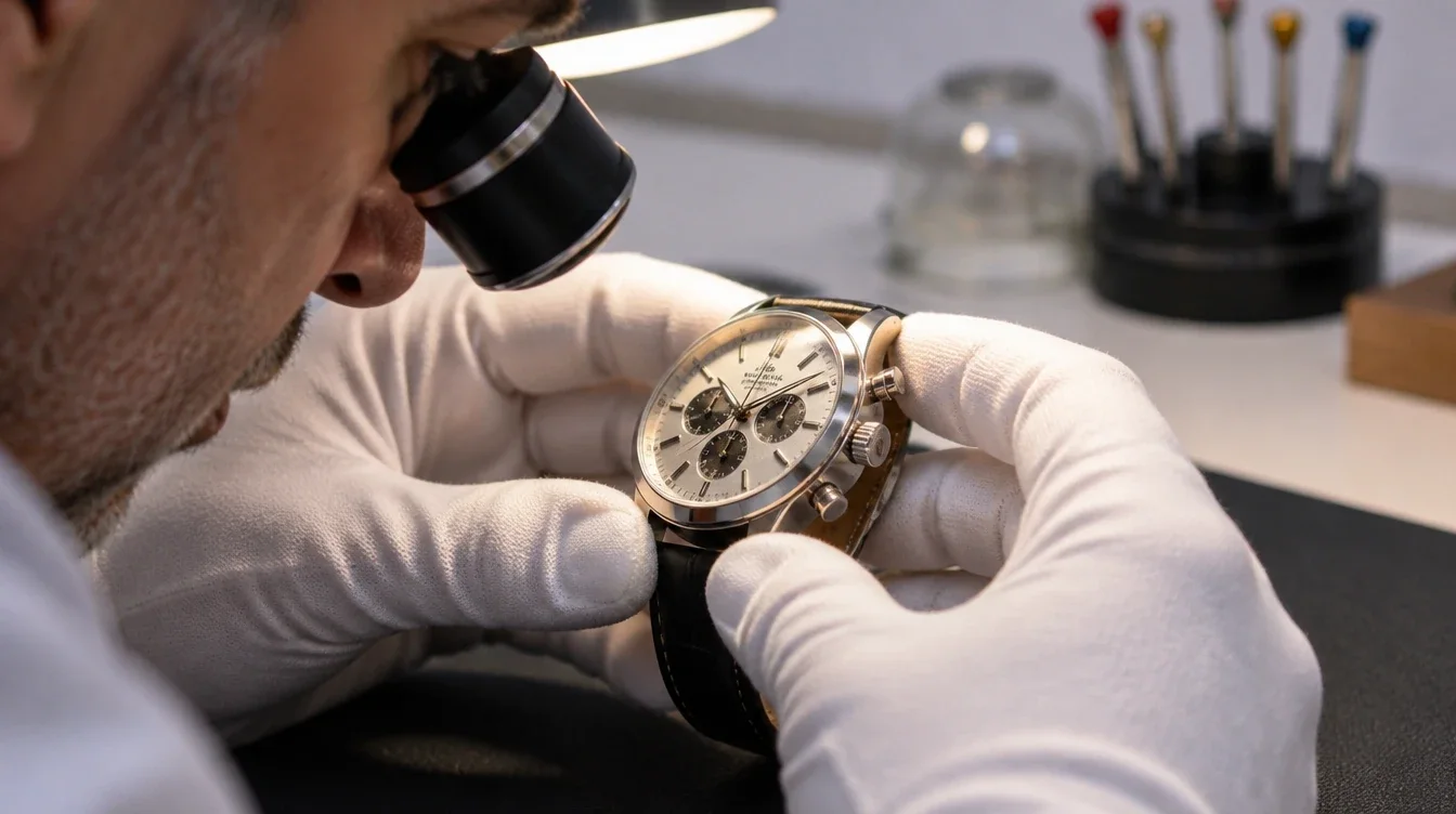 Watchmaker examining a closed chronograph’s dial and pusher area under a bench magnifier.