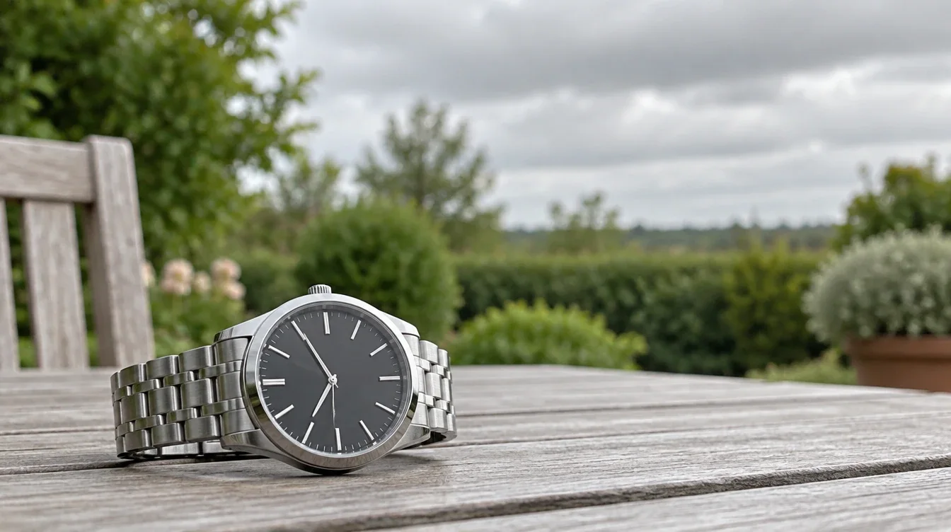 Analog watch resting face upward outdoors beneath a cloudy sky