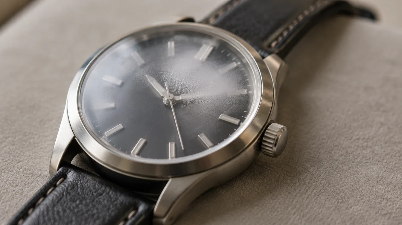 Light fog beneath a watch crystal while the watch rests untouched on a dry pad